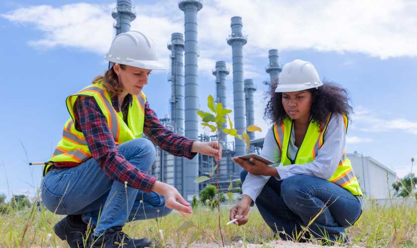 Ingenieras ambientales analizando una planta