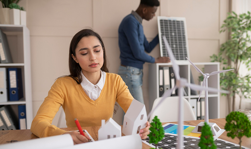 Estudiante de Ingeniería Ambiental trabajando en una maqueta