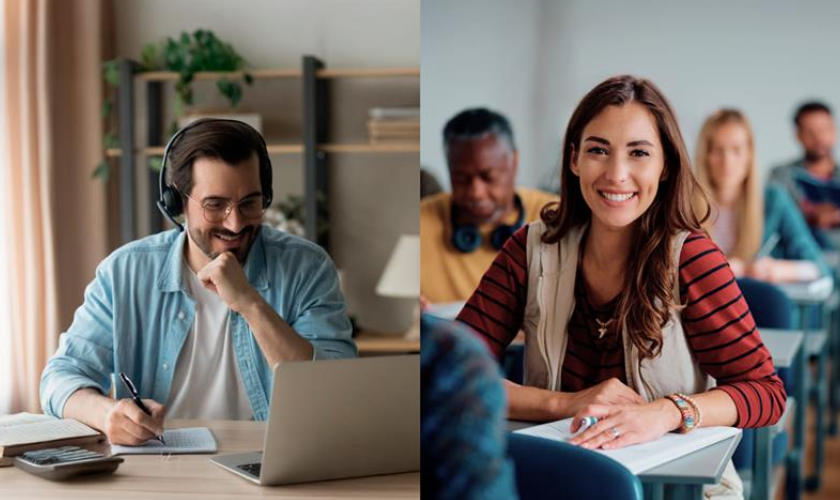 Dos jóvenes estudiando desde casa y de manera presencial