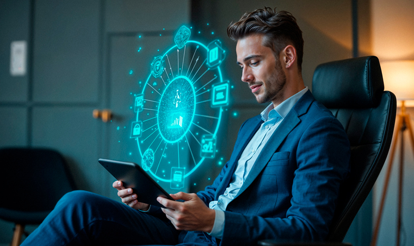 Ejecutivo analizanod datos desde su tablet