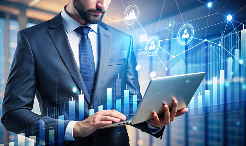 Administrador analizando datos digitales en su laptop