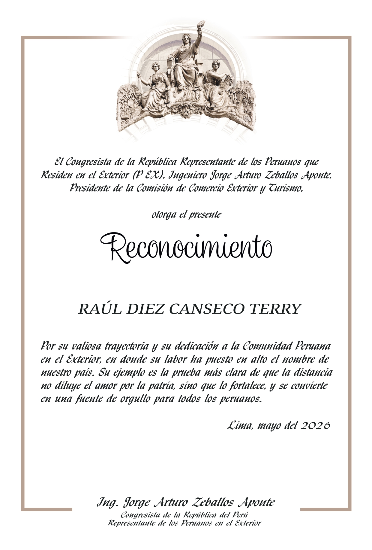 Comisión de Comercio Exterior y Turismo del Congreso reconoce la trayectoria internacional de Raúl Diez Canseco Terry