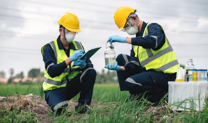 Ingenieros ambientales trabajando en el tratamiento del agua